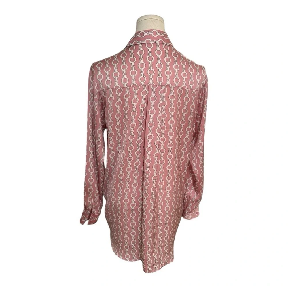 ZARA Pink White Chain Link‎ Silky Button Down Top Shirt Blouse Size S Work Party - Picture 3 of 6